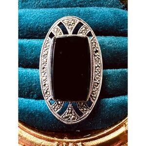 Vintage Sterling Silver Marcasite Onyx Ring 11g Size 5.5 Art Deco Statement